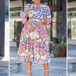 Retro Mandela print 3/4 sleeve dress